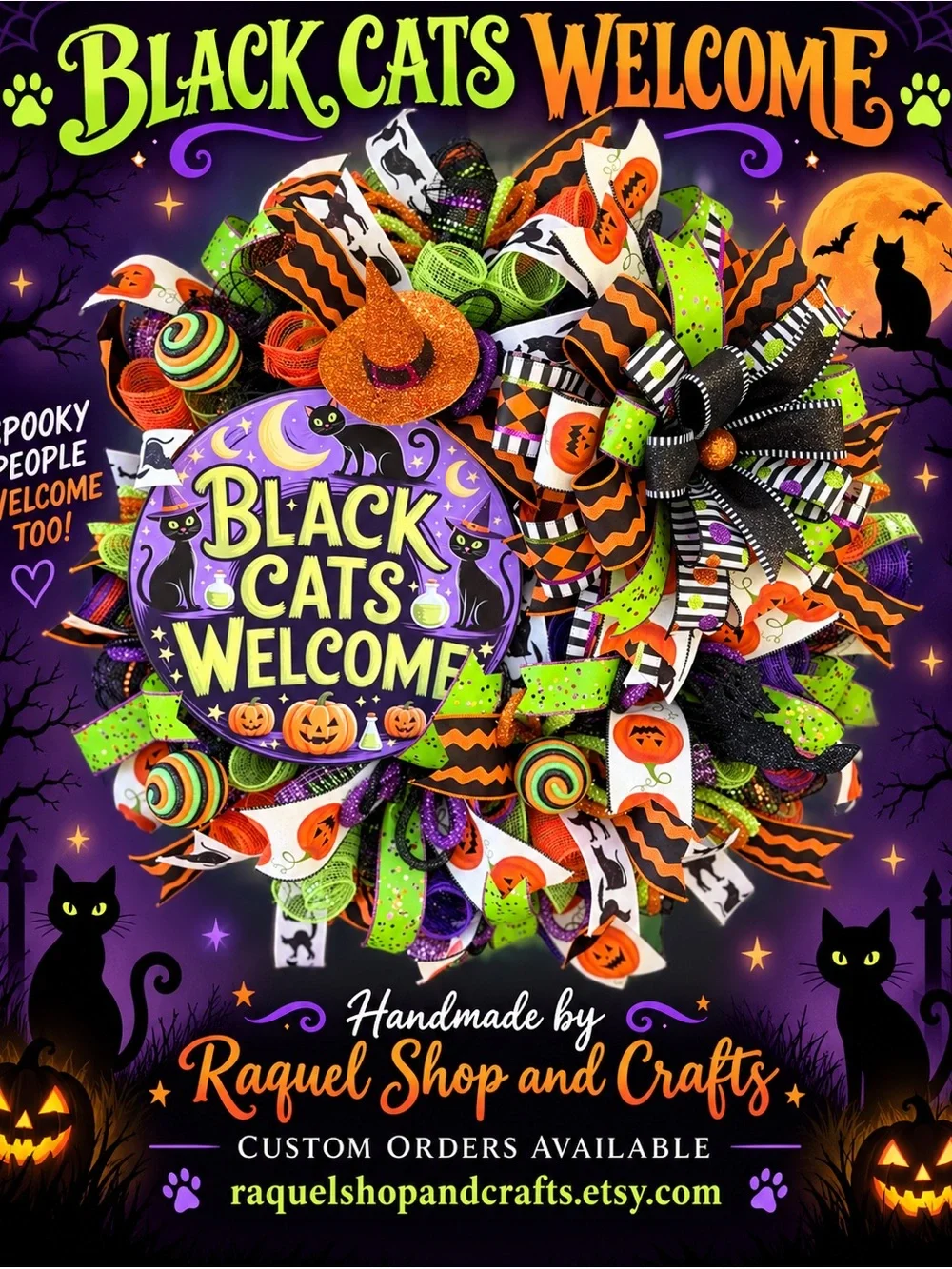 Black Cats Welcome Halloween Wreath – Whimsical Witch Hat 🐈‍⬛